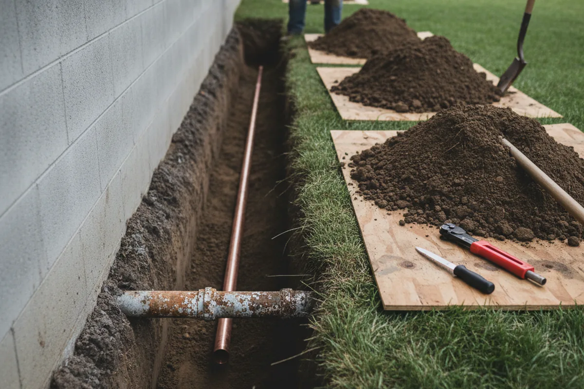 Excavated water line trench during Water Softener Installation in Joint Base Mdl